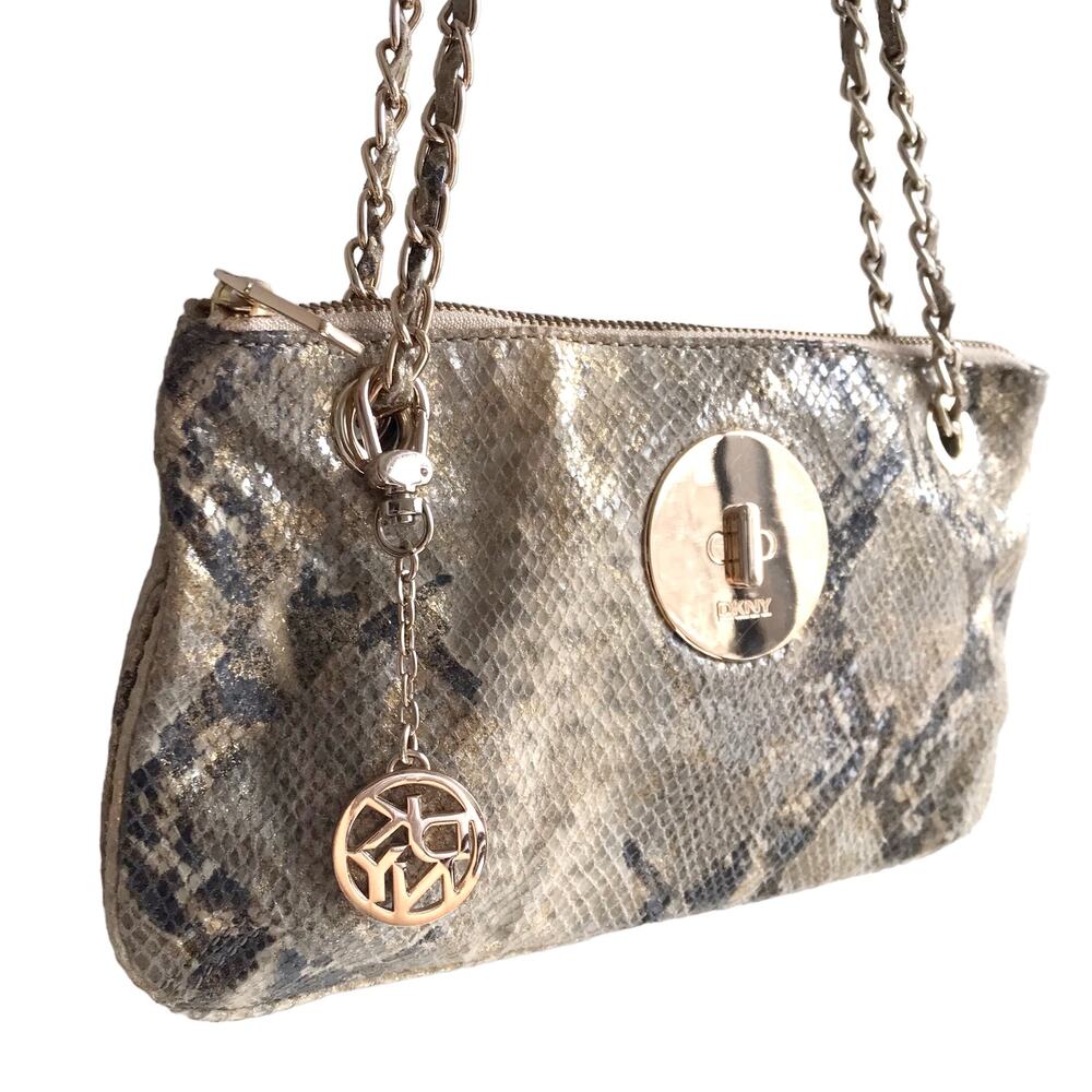 DKNY Snakeskin Chain Strap Shoulder Bag Convertible Zip Top Metallic Going Out - Picture 5 of 16